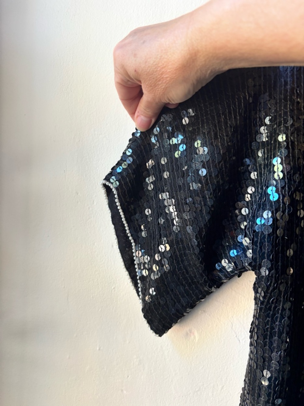 Vintage Black and Pearl White Sequin and Silk Beaded Top Made in India - Picture 6 of 7